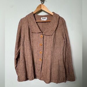 Flax Brown Jacket Textured Linen Peter Pan Collar Jacket in Brown Size‎ S